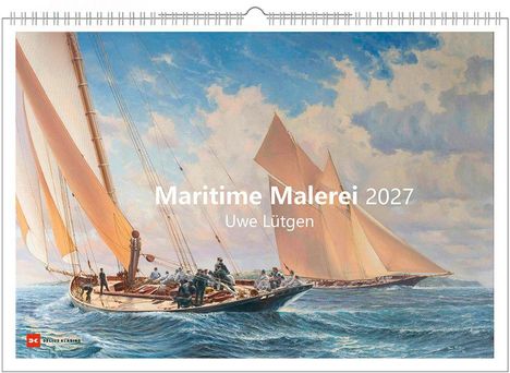 "Maritime Malerei 2027, Uwe Lütgen" steht im Vordergrund. Gemälde: Segelboote auf bewegter See unter blauem Himmel.