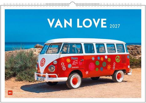 "VAN LOVE 2027" steht oben auf blauem Hintergrund. Ein roter VW-Bus mit Blumenmuster und Friedenssymbol.