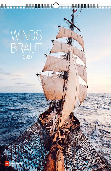 Text: "WINDS BRAUT 2027". Ein majestätisches Segelschiff auf offenem Meer unter einem klaren Himmel.