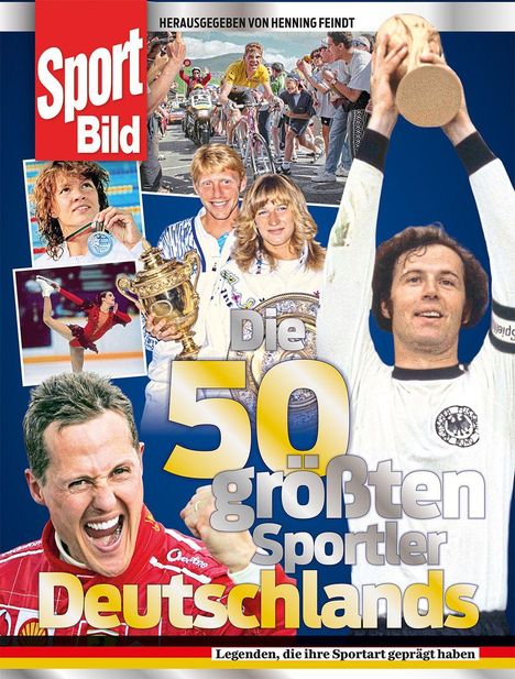 „Die 50 größten Sportler Deutschlands“ steht im Vordergrund, mit jubelnden Athleten und sportlichen Momenten im Hintergrund.