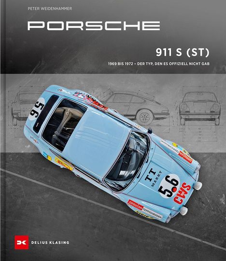 Ein blauer Porsche 911 S (ST) Rennwagen von oben, mit der Nummer 56 und dem Text "Porsche" und "1969 bis 1972".