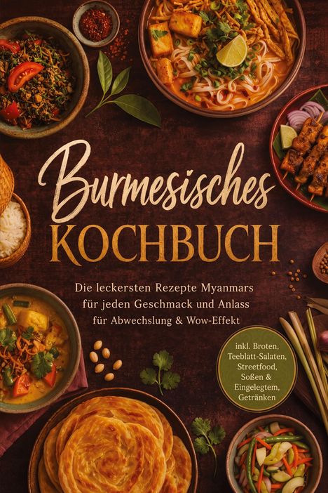 Text: "Burmesisches Kochbuch, Die leckersten Rezepte Myanmars". Dekorative Schalen mit Speisen, Gewürzen, frischen Kräutern.