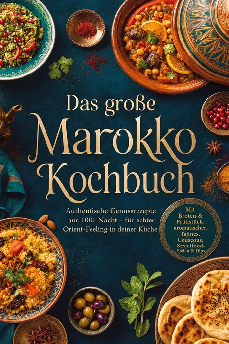 "Das große Marokko Kochbuch" steht groß im Zentrum. Drumherum sind Teller mit bunten marokkanischen Gerichten arrangiert.