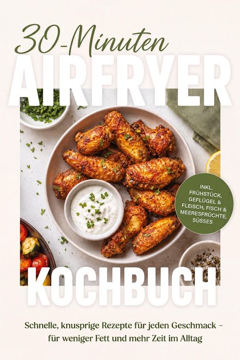 „30-Minuten Airfryer Kochbuch“. Teller mit knusprigen Hähnchenflügeln und Dip. Runde, grüne Textmarkierung.