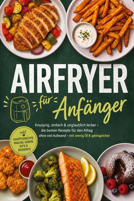 "AIRFRYER für Anfänger" in großer Schrift auf grünem Hintergrund. Bilder von verschiedenen Gerichten, wie Pommes und Hähnchen.