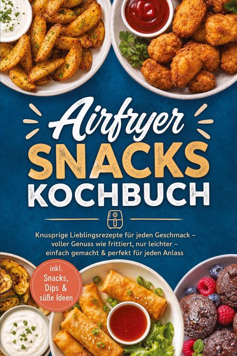 „Airfryer Snacks Kochbuch“, darunter abgebildete Snacks: Kartoffelspalten, Nuggets, Frühlingsrollen, Brownies mit Beeren.