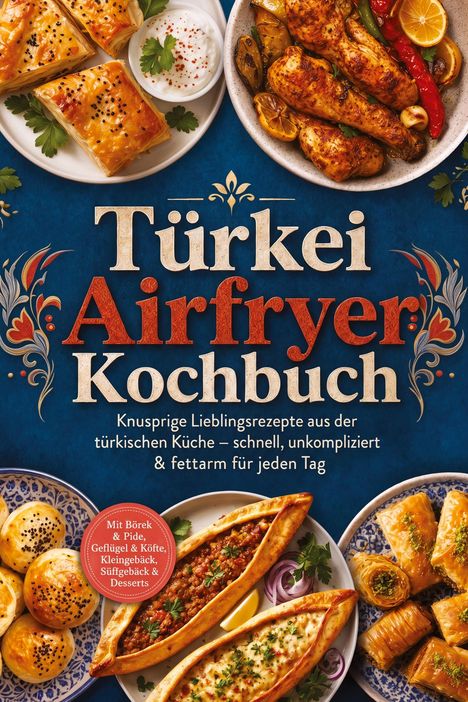 Text: „Türkei Airfryer Kochbuch“, „Knusprige Lieblingsrezepte...“, „Mit Börek & Pide...“. Köstliche türkische Gerichte auf Tellern.