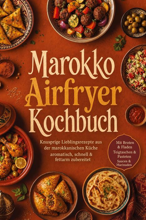 "Marokko Airfryer Kochbuch" steht in der Mitte, umgeben von bunten Schalen mit marokkanischen Speisen und Gewürzen.