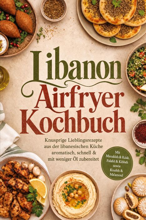 Libanon Airfryer Kochbuch. Verschiedene libanesische Gerichte wie Hummus, Fladenbrot und Salat sind appetitlich angerichtet.