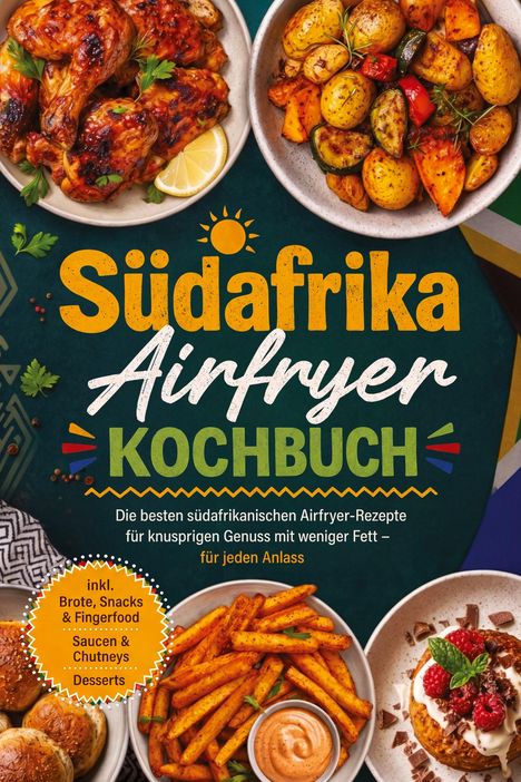 "Südafrika Airfryer Kochbuch." Verschiedene Schüsseln mit afrikanischen Gerichten, dekorativ angerichtet.