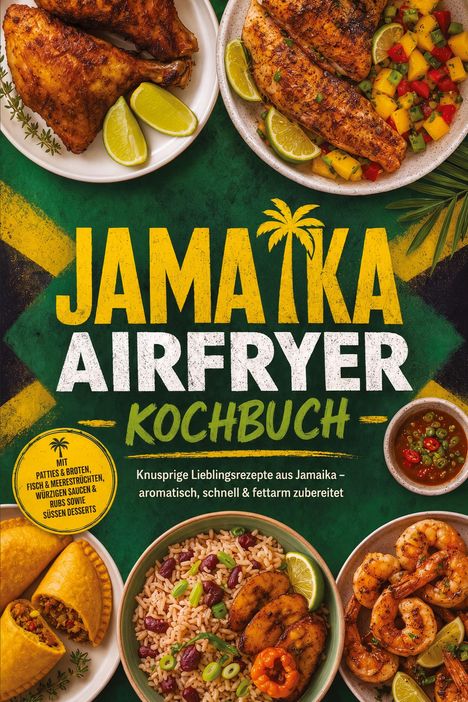 „Jamaika Airfryer Kochbuch“. Bunte karibische Gerichte mit Hähnchen, Garnelen und Reis. Jamaika-Flaggenfarben im Hintergrund.