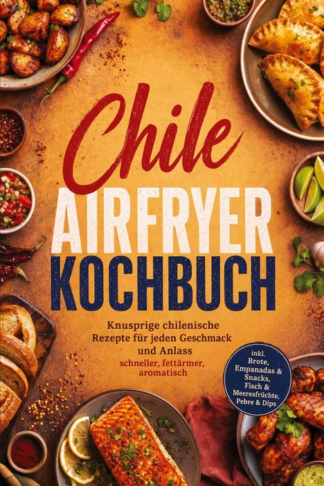 „Chile Airfryer Kochbuch. Knusprige chilenische Rezepte.“ Umgeben von Fotos von Speisen, Brot, Empanadas und Fisch.