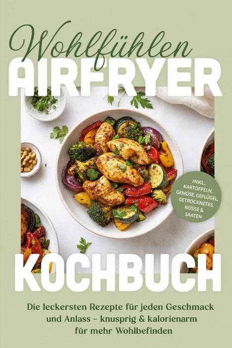 "Wohlfühlen Airfryer Kochbuch" zeigt bunte, gebratene Gemüse und Hähnchen in Schüsseln mit Nüssen und Kräutern.
