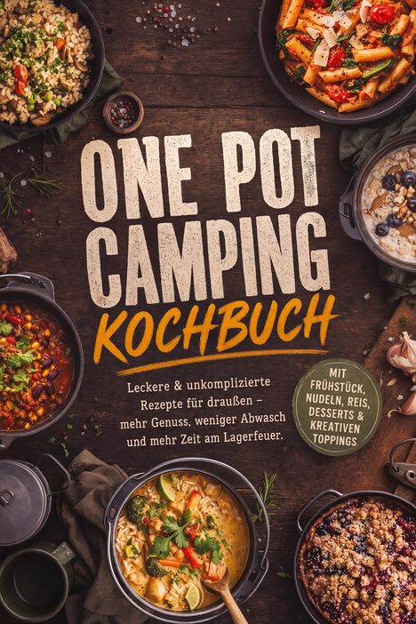 „ONE POT CAMPING KOCHBUCH“: Leckere, einfache Rezepte für draußen. Sechs Töpfe mit verschiedenen Gerichten.