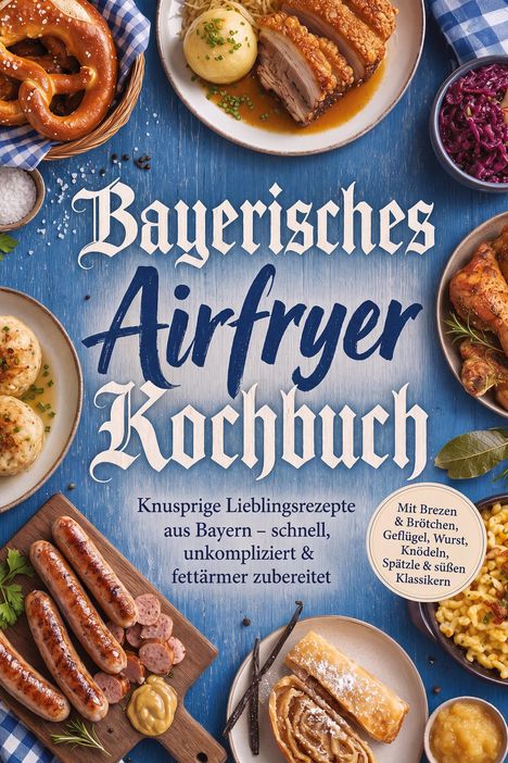 Text: "Bayerisches Airfryer Kochbuch." Darunter Brezeln, Schweinebraten, Rotkohl, Bratwürste, Knödel und Spätzle auf blauem Holz.