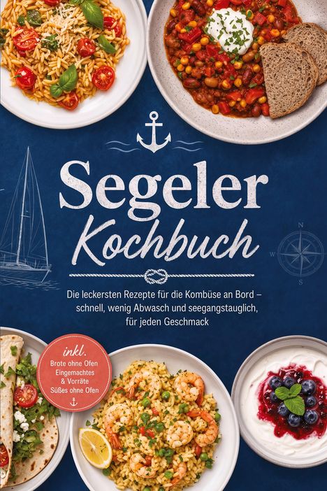 Segeler Kochbuch: Rezepte für die Kombüse, schnell, wenig Abwasch. Gerichtbilder und nautische Symbole auf blauem Hintergrund.