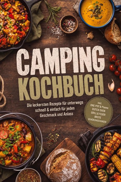"Camping Kochbuch" steht in großen Buchstaben. Umgeben von köstlichen Speisen in Töpfen, Brot und Gewürzen auf Holzuntergrund.