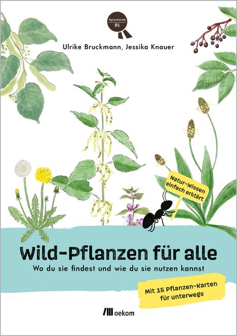"Wild-Pflanzen für alle: Wo du sie findest und wie du sie nutzen kannst. Natur-Wissen einfach erklärt. Mit 15 Pflanzen-Karten." Illustrationen von Pflanzen und einer Ameise.