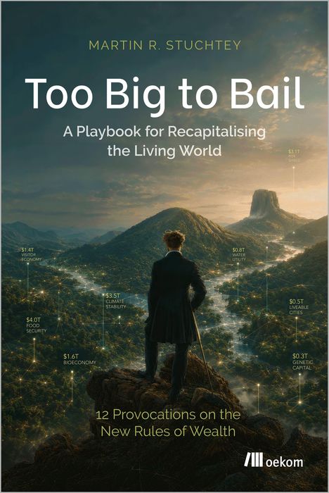 Buchtitel: "Too Big to Bail". Ein Mann steht auf einem Felsen und blickt auf bewaldete Berge und Täler mit Lichtpunkten.