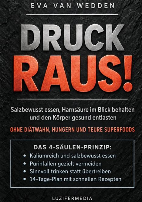 Eva van Wedden, "DRUCK RAUS!" in großen Buchstaben, Tipps zur gesunden Ernährung und ein 4-Säulen-Prinzip zur Entlastung.