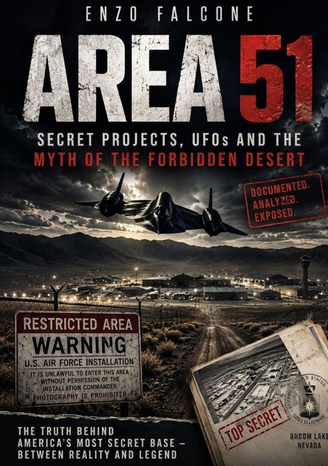 Großer "AREA 51" Schriftzug, ein schwarzes Flugzeug am Himmel, beleuchtete Militärbasis, Warnschild "RESTRICTED AREA."