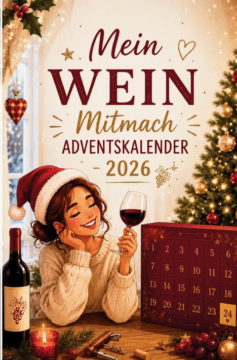 "Mein WEIN Mitmach ADVENTSKALENDER - 2026". Eine festliche Illustration mit einer Frau im Weihnachtsoutfit, die Wein trinkt.