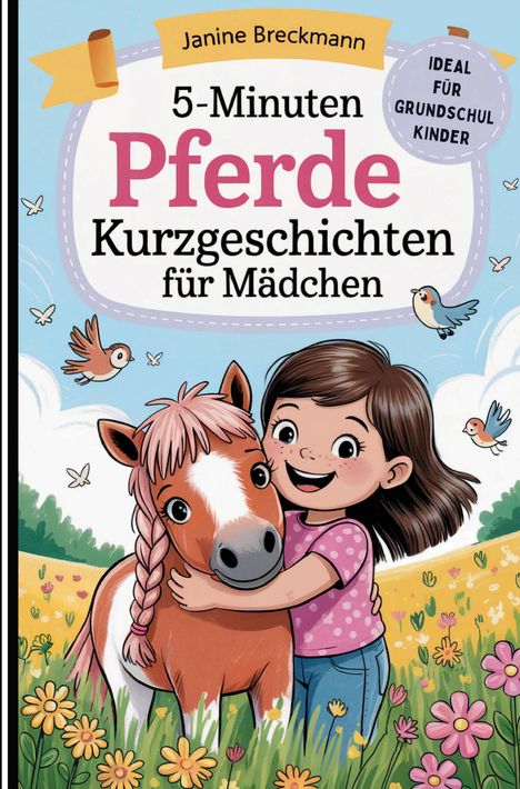 "5-Minuten Pferde Kurzgeschichten für Mädchen" zeigt ein Mädchen, das ein Pony umarmt. Fröhliche Tiere und Blumen im Hintergrund.