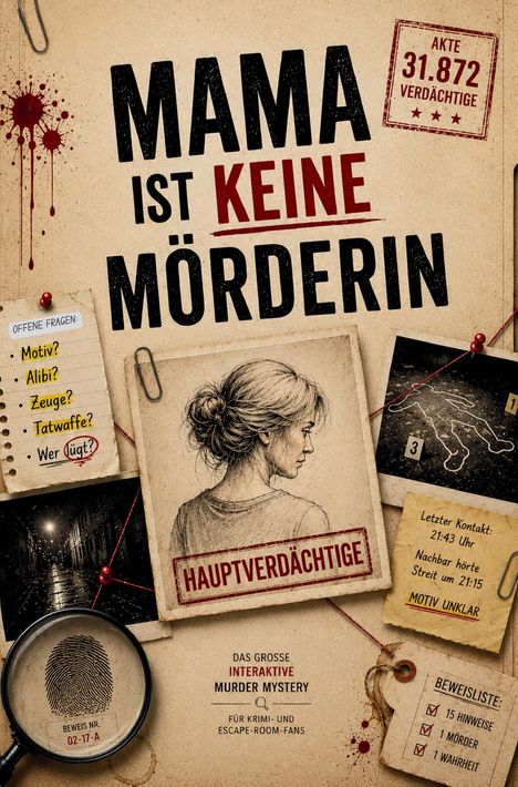 "Mama ist keine Mörderin" in großer Schrift, daneben Blutspritzer, Notizen mit Fragen und Beweisen, Zeichnung einer Frau.