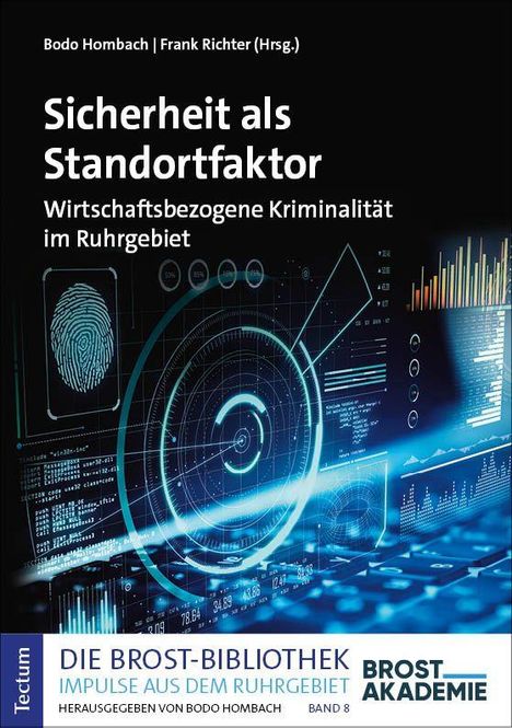 „Sicherheit als Standortfaktor“; futuristische Grafik mit Fingerabdruck und Diagrammen, Logo der Brost-Akademie unten.