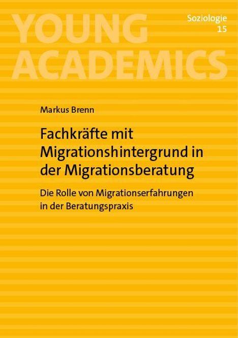 „Fachkräfte mit Migrationshintergrund in der Migrationsberatung“, gelber Hintergrund mit horizontalen Streifen.