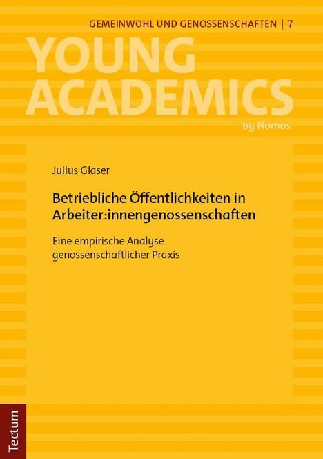 "GEMEINWOHL UND GENOSSENSCHAFTEN | 7", "YOUNG ACADEMICS", Julius Glaser. Gelb-orange Hintergrund mit Streifenmuster.