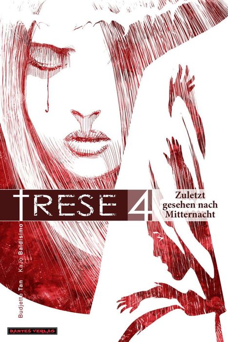 "Trese 4: Zuletzt gesehen nach Mitternacht" in Rot- und Weißtönen. Gesicht mit Blutstropfen in dramatischem Stil.
