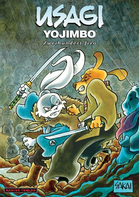 „USAGI YOJIMBO: Zweihundert Jizo“. Illustration: Samurai-Hase in Kampfpose, Regen, viele Steinskulpturen im Hintergrund.