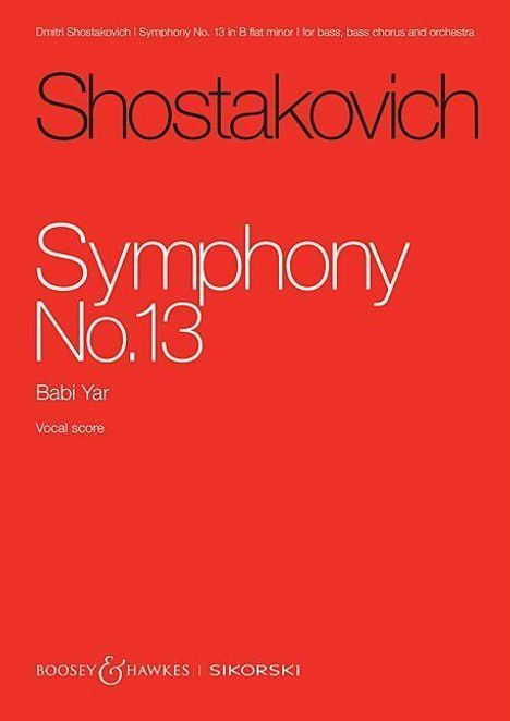 Text: "Shostakovich, Symphony No. 13, Babi Yar, Vocal score." Rote, minimalistische Covergestaltung.