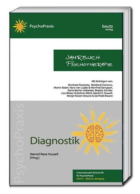 Text: Jahrbuch Psychotherapie, Diagnostik, Hamid Reza Yousefi (Hrsg.). Illustration: Gehirn in gelber Sonne, grünes Logo.