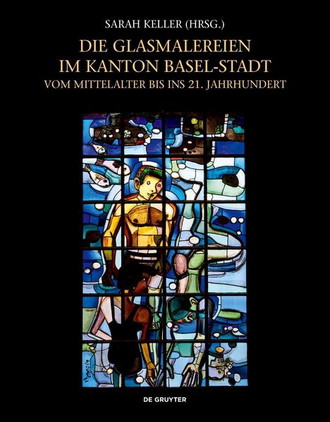 Titel: "Die Glasmalereien im Kanton Basel-Stadt". Buntes Glasfenster mit abstrakten Figuren und Formen.