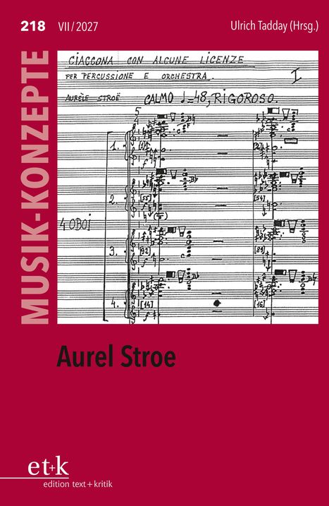 „218 VII/2027“, „Ulrich Tadday (Hrsg.)“, „MUSIK-KONZEPTE“, „Aurel Stroe“. Notenseite, roter Hintergrund.