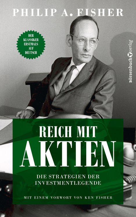 „Reich mit Aktien“ in großen Buchstaben, Bild eines Mannes im Anzug.
