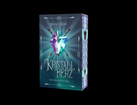 Text: Kristallherz – Das Geheimnis der Elfen. Ein strahlender Kristall mit Pfeilen auf einem funkelnden Hintergrund.