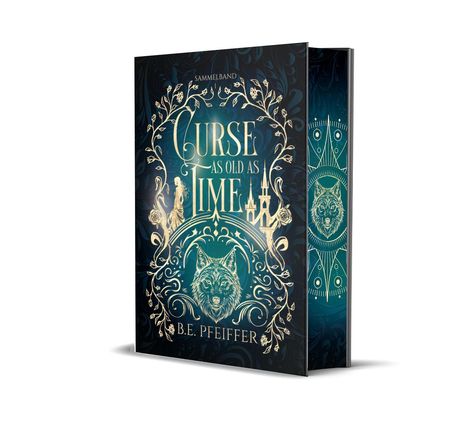 „Sammelband: Curse as old as time. B.E. Pfeiffer.“ Verzierungen, ein Wolfsgesicht, Burg und Pflanzenmuster.
