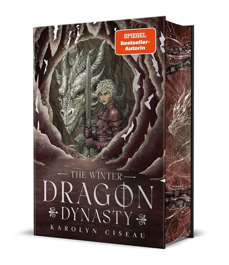 "SPIEGEL Bestseller-Autorin", "THE WINTER DRAGON DYNASTY", "KAROLYN CISEAU". Illustration einer Frau mit Schwert und Drache.