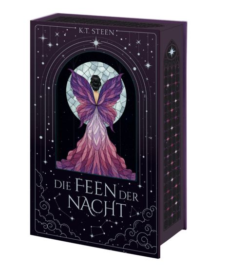 "Die FEEN der NACHT." Ein lila Buch mit Nachthimmel-Design zeigt eine Fee in violetter Robe.