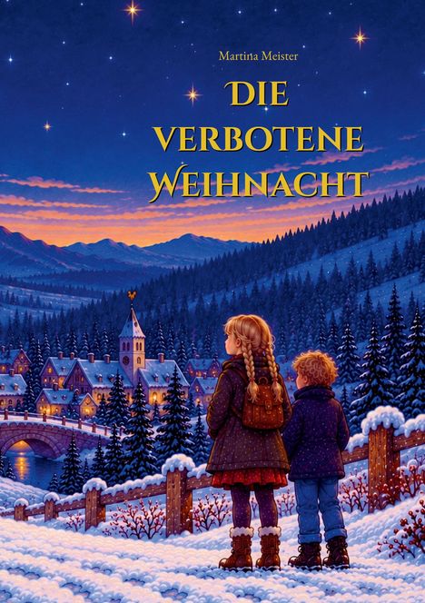 Text: "Die verbotene Weihnacht - Martina Meister". Zwei Kinder stehen im Schnee und schauen auf ein beleuchtetes Dorf.