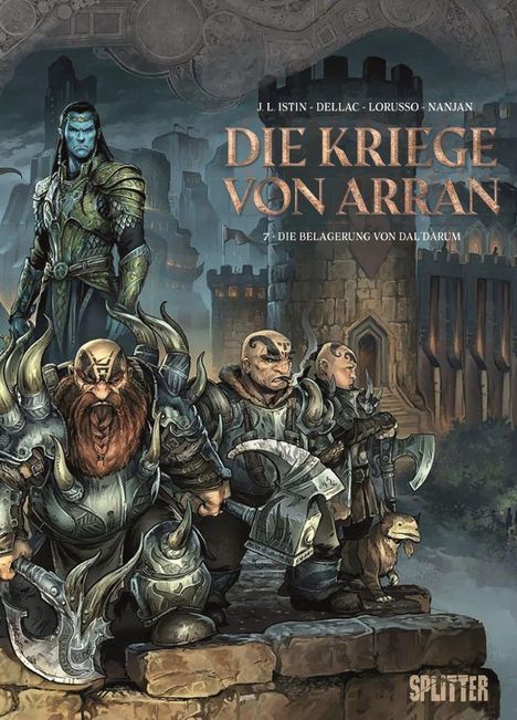"Die Kriege von Arran", ist ein Comic-Cover mit Kriegern in Rüstungen, darunter ein blauhäutiger und bärtige Charaktere vor einer Burg.