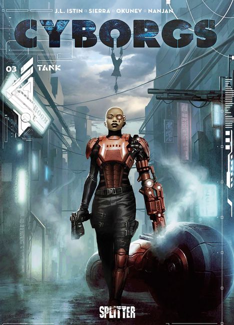 "Cyborgs 03 Tank" oben, "Splitter" unten. Illustration: Futuristische Straße, Person in Rüstung mit kybernetischem Arm.
