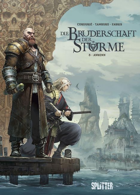 „Die Bruderschaft der Stürme“. Zwei Krieger auf einem Steg, ein bärtiger Mann und ein Elf mit Schwert. Fantastische Küstenszene.