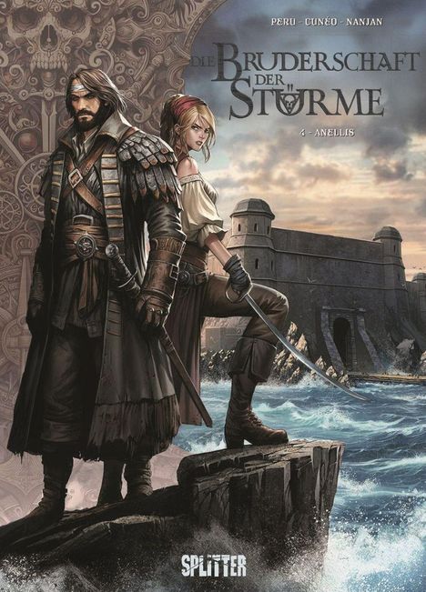 „Die Bruderschaft der Stürme 4 - Anellis“. Illustration von zwei Abenteurern vor einer Festung am Meer.