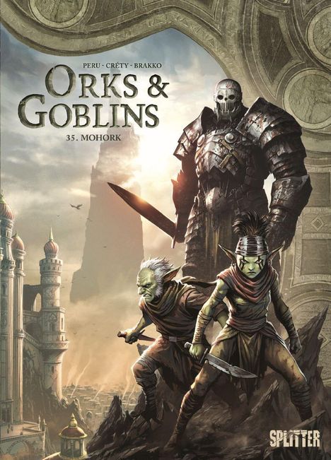 Oben steht "ORKS & GOBLINS" und "35. MOHORK" mit zwei Goblins und einem gepanzerten Riesenkrieger vor einer Fantasy-Stadt.