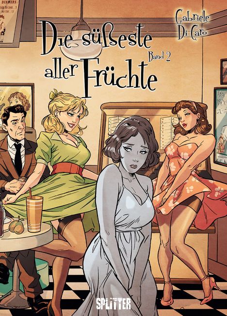 „Die süßeste aller Früchte, Band 2“ in einem charmanten Retro-Diner mit stilvoll gekleideten Personen.