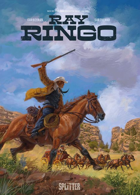 Titel: "Ray Ringo" darüber Reiter mit Gewehr auf galoppierendem Pferd, Verfolgung durch Kutsche.